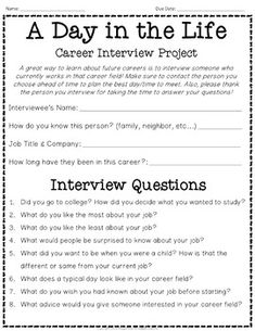 a day in the life career interview project with answers and questions for students to use