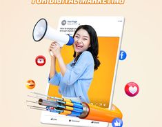 a woman holding a megaphone and surrounded by social media icons with the caption for digital marketing