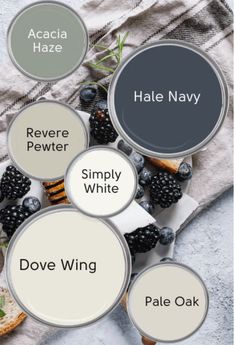 some paint colors that are white and black with the words hale navy in different languages