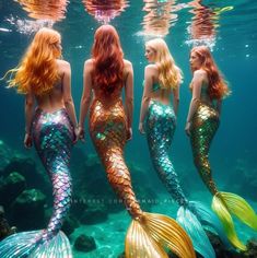 three mermaids are standing in the water with their backs turned to look like they're