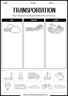 Transportation Worksheet for Kindergarten Transportation Art Kindergarten, Transportation Activities For School Age, Land Air Water Preschool Craft, Transport Worksheets For Preschool, Transport Lesson Plan, Worksheet On Transport, Art And Craft For Transportation, Modes Of Transportation Activities