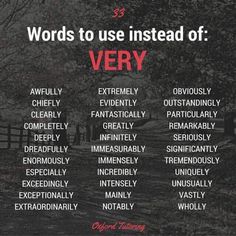 the words to use instead of very are written in red and black on a dark background