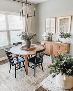 a dining room table and chairs with plants in the center, on top of a rug