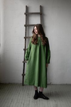 "Victorian dress is made from 100% soft and washed linen.  Details: - Colour: Apple green - Composition: 100% Oeko-Tex certified linen - Grey ribbon in the back - Ruffled long sleeves - Pockets - Belt included - Medium weight linen - Linen care: machine wash gentle; tumble dry low, ironing optional - The price is for one dress, other pictured items are not included The model is 173 cm/5'8\" and wears a size S." Green Victorian Dress, Dress Sites, Victorian Fashion Dresses, Maxi Dress Long Sleeve, Linen Dress Women, Grey Ribbon, Maxi Dress Long, Dress Linen, Ruffle Long Sleeve