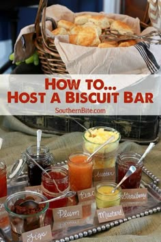 an assortment of condiments on a tray with the words how to host a biscuit bar