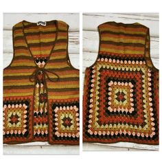 the vest is crocheted with multicolored squares