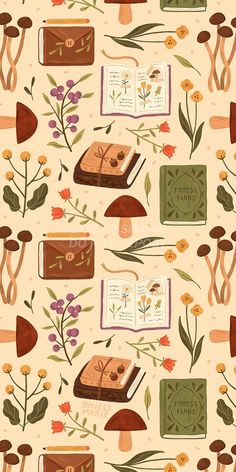 an image of a book with flowers and plants on it in the middle of a pattern