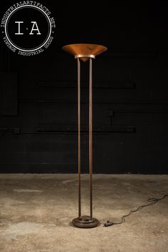 the floor lamp is made out of metal and has a wooden shade on it's top