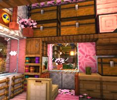 an image of a room in the minecraft style with lots of furniture and decorations