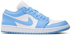 The Air Jordan 1 Low ‘UNC’ features a simple two-tone color scheme that pays homage to Michael Jordan’s alma mater. The all-leather upper applies University Blue overlays on a crisp white base . complete with a padded collar for a comfortable fit and perforated detailing on the toe box for added breathability. Branding elements include a Jumpman atop the tongue and the Jordan Wings logo embroidered on the heel panel. Air Jordan 1 Low Unc, Jordan 1 Low Unc, Air Jordan Low, Wmns Air Jordan 1, Jordan Low, Air Jordan 9, Nike Air Jordan 1 Low, Jordan 2, Alma Mater