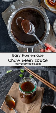 two images showing how to make homemade chow mein sauce with chopsticks on the side