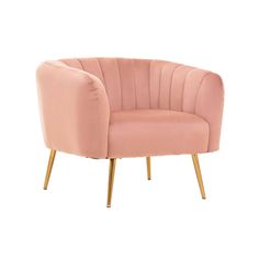 a pink chair with gold legs on a white background