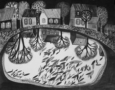 a black and white drawing of houses with trees in the foreground, water below