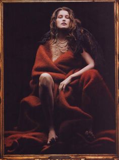 a painting of a woman sitting in a red dress with her hands on her knees