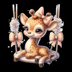 a baby giraffe sitting on top of a swing with flowers in its hair