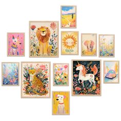 an assortment of framed pictures with animals and flowers in them on a white wall background