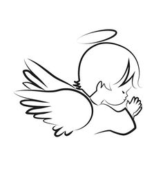 a black and white drawing of a baby angel with its wings spread out to the side