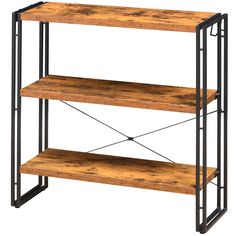 a wooden shelf with metal legs and two shelves