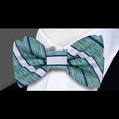 Green Blue Bow Ties For Business, Blue Bow Tie For Business, Blue Bow Tie Back For Business, Classic Green Bow Tie For Business, Blue Bow Tie For Summer Business Events, Blue Summer Bow Tie For Business, Elegant Striped Suit And Tie Accessories For Black Tie, Elegant Pinstripe Standard Tie, Elegant White Bow Tie For Business