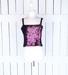 "Vintage sequins stretch tank top/sequin stretchy fitted cropped tube top/medium Measurements... -marked size: medium (fits larger) -across width: 17.5\" unstretched -length: 12\" -strap length: 6.5\" Features... -sequins throughout -great stretch -pullover style -soft black lining -Union made Condition... -excellent vintage condition -gently worn TDD3176*" Black Summer Jumpsuit, Indian Maxi Dress, Elegant Kimono, Womens Tank Tops, Blue Jean Dress, Vintage Corset, Canyon Road, Blue Striped Dress, Red Tank Tops