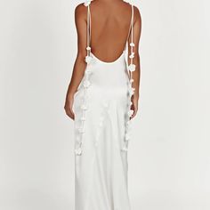 Meshki Elenora White Dress With White Chiffon Flower Appliqus On The Straps, Never Been Worn + With Tags! **Originally $169 Flower Tassels, Rose Gown, 파티 드레스, Tassel Dress, Long Bodycon Dress, Sleeveless Bodycon Dress, Spaghetti Strap Dresses, Strap Dress, Bridal Collection