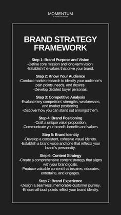 a black and white poster with the words brand strategy framework written in bold font on it