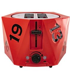 a red toaster with the word qt on it's side and two slices cut in half