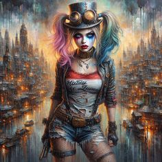 a painting of a woman with colorful hair and piercings on her face, standing in front of a cityscape