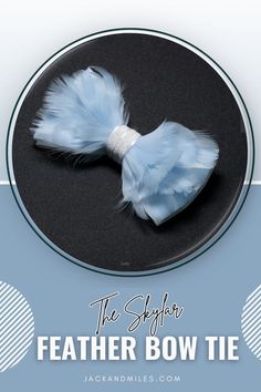 A stylish feather bow tie in pastel blue, elegantly arranged on a black plate.