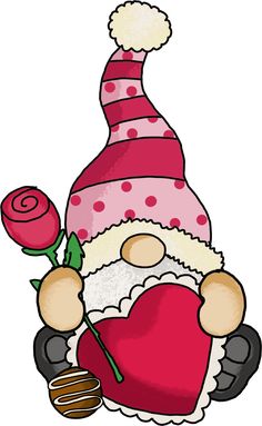 a cartoon santa claus holding a heart with a rose in it's hand and wearing a pink hat