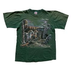 "Vintage 1990s 90s Homer, Alaska Horses Nature Graphic Green Tee Shirt Made in USA Mens Size L Large Condition: This item is in great pre-owned condition with perfect fading. MADE IN USA Material: 100% Pre-Shrunk Cotton Size: Mens Size Large Please refer to measurements for exact fit. Measures: Chest (armpit to armpit): 21 1/2\" Sleeve (shoulder to sleeve end): 8 1/2\" Length (back neck seam to bottom): 26 1/2\" Note: Pre-owned items may have minor imperfections, we do our best to represent each Green Tee Shirt, Homer Alaska, Green Tee, Graphic Tees Vintage, Dream Clothes, Retro Outfits, Mens Graphic Tee, Vintage Tees, Graphic Shirts