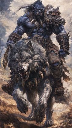 an image of a man riding on the back of a wolf