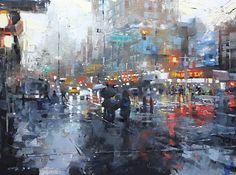 an oil painting of people walking in the rain with umbrellas on a city street