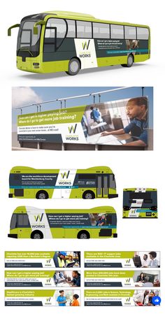 the bus is green and white with black stripes on it's side, and has an image of a man working on his laptop