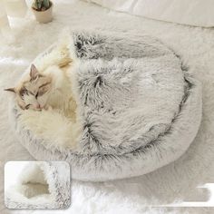 a cat is sleeping in a fluffy bed