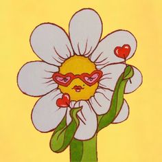 a drawing of a flower with hearts on its eyes and in the middle of it's petals