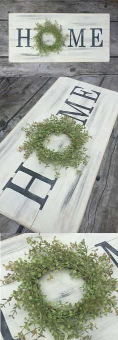 three different pictures of wreaths on top of a wooden sign with the words home written in black and white