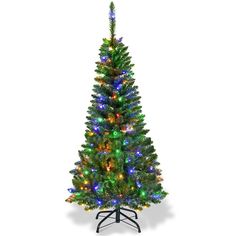 a small christmas tree with multicolored lights on it's top and base