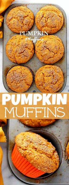 pumpkin muffins are in the pan and ready to be eaten with text overlay that reads pumpkin muffins