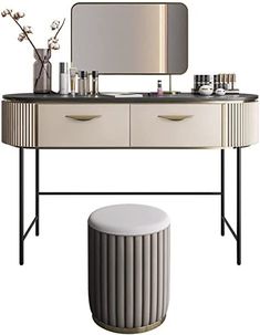 a vanity with a mirror and stool next to it