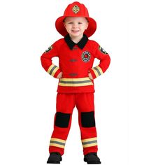 a little boy in a fireman costume standing with his hands on his hips and looking at the camera