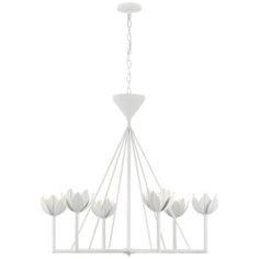 a white chandelier with six lights hanging from it's center and four petals on the bottom