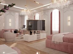 a living room with pink furniture and chandelier