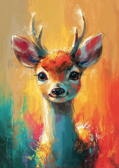 a painting of a little deer with big antlers on it's head and eyes