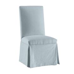 a white chair with a skirt on it's back and the seat upholstered