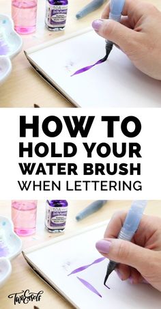 how to hold your water brush when lettering with purple and blue ink on white paper