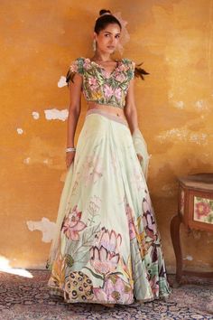 Varun Bahl | Light Pink Corsage Lehenga Gilet Set | INDIASPOPUP.COM Green Floral Lehenga, Lehenga Designs Simple, Salwar Kamiz