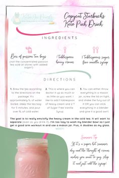 a pink drink in a mason jar with instructions on how to make it and what to use