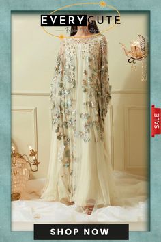 Mint Green Hana Kaftan Dress Bohemian Gown For Eid Party, Bohemian Eid Party Gown, Eid Bohemian Party Gown, Long Beige Dress For Eid, Long Beige Dresses For Eid, Beige Long Dress For Eid, Elegant Cape Dress For Eid, Festive Cape Dress For Eid, White Cape Dress For Spring