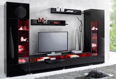 modern entertainment center with black and red accents